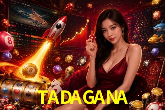 Una escena digital vívida inspirada en casino con TADAGANA mostrado prominentemente, luces brillantes, fichas, cartas y acentos dorados.