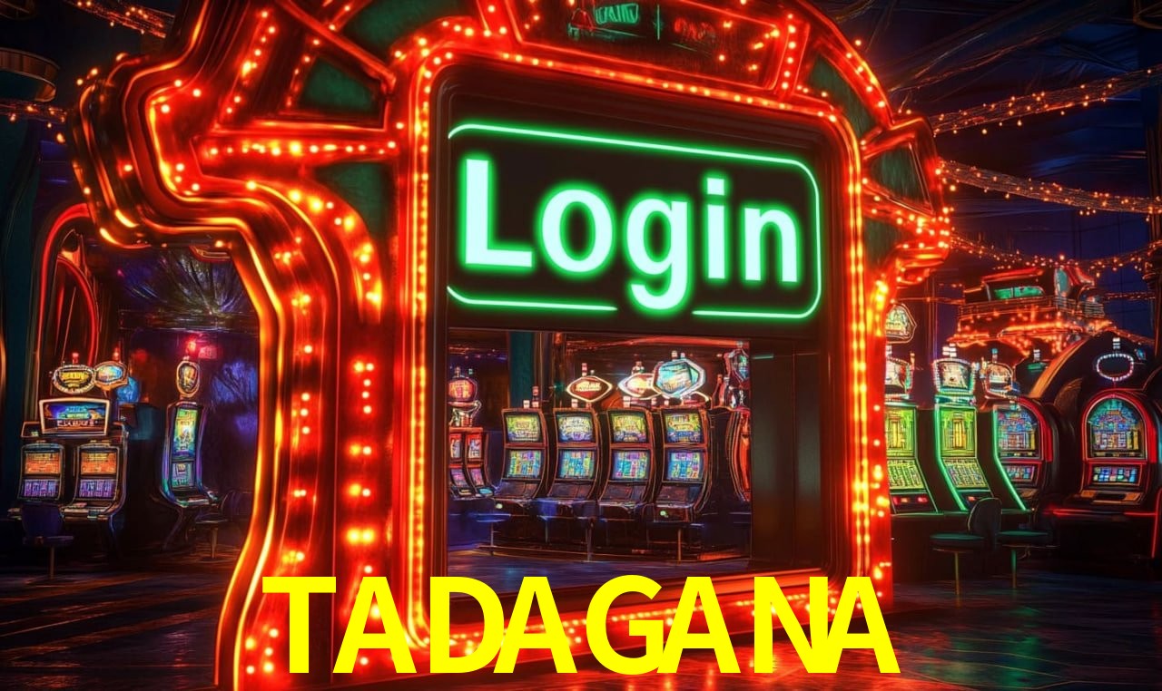 Escena dinámica inspirada en casino con iluminación TADAGANA, cartas, fichas e íconos de juegos digitales en un espacio moderno de juegos.